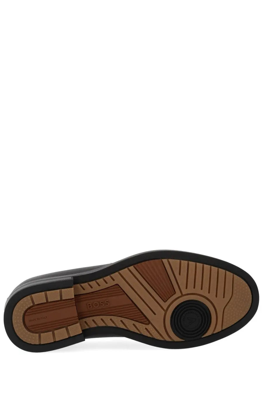 Black and tan rubber sole with circular tread pattern and boss logo embossed on heel of boss men’s dressletic loafer black