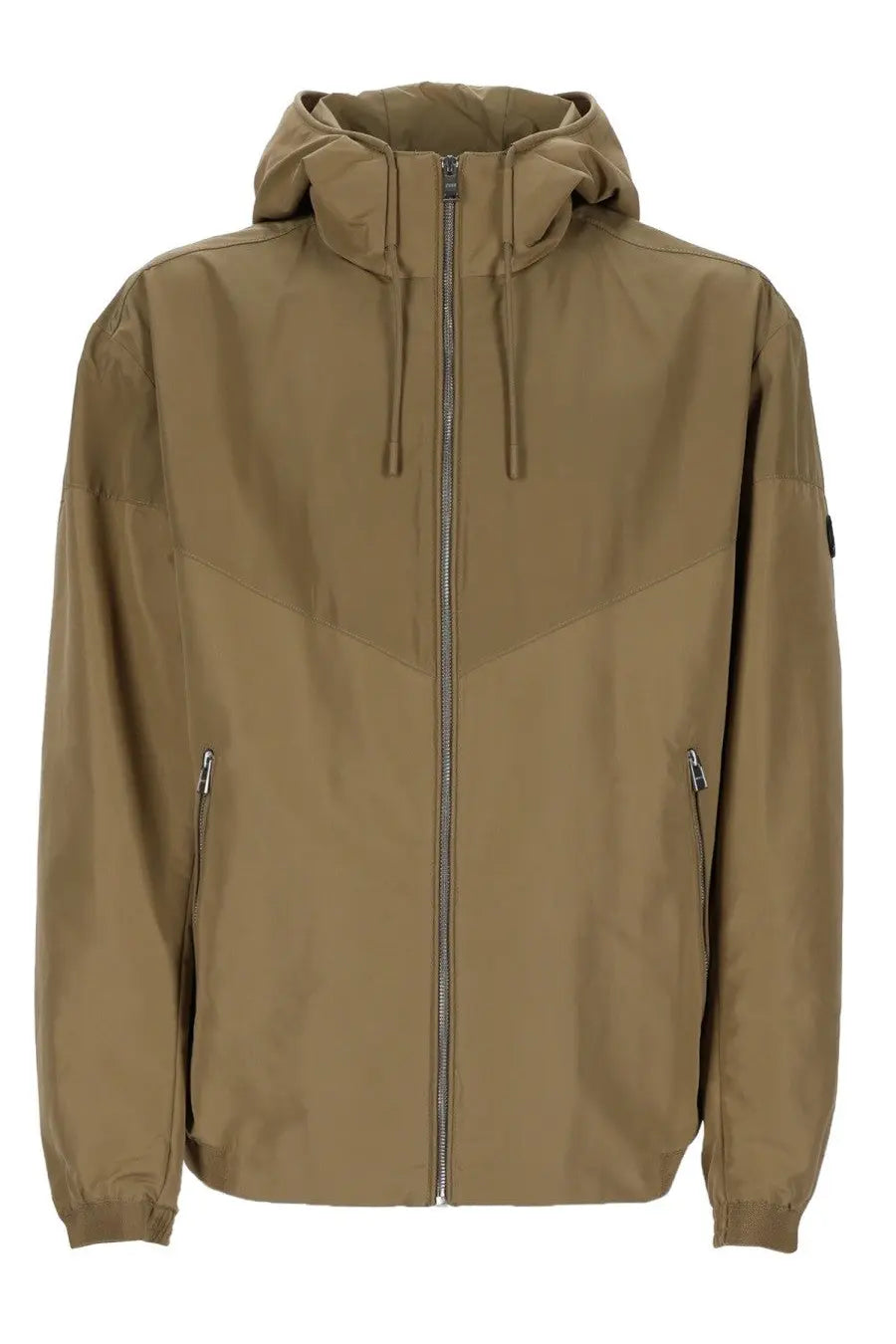 BOSS men’s giacca con cappuccio zip beige tan hooded jacket with sleek modern design and subtle color-blocking panels