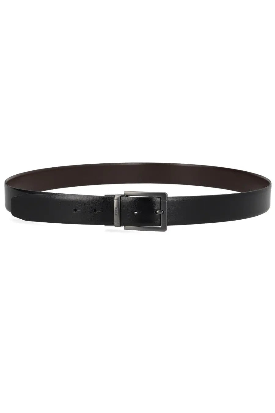 BOSS men’s Gifflet black leather belt with a matte-finished metal buckle for stylish everyday wear