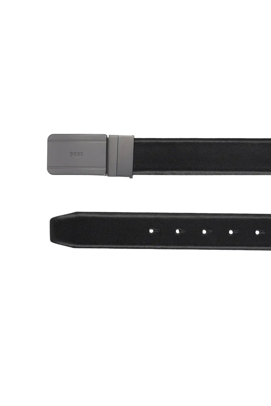 BOSS men’s Gifflet black leather belt with matte gray automatic buckle engraved with the fossil brand name
