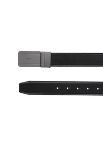 BOSS men’s Gifflet black leather belt with matte gray automatic buckle engraved with the fossil brand name