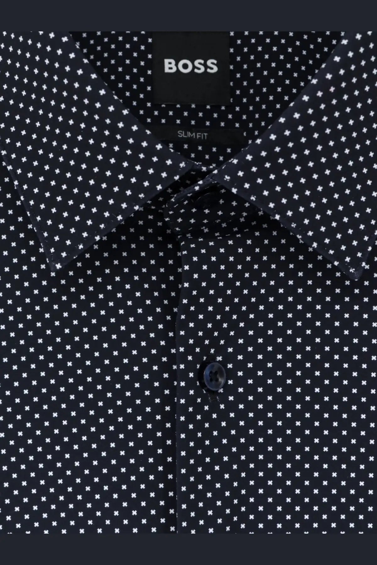 Black boss men’s slim fit dress shirt with subtle white crosshatch pattern in blue hank jersey fabric