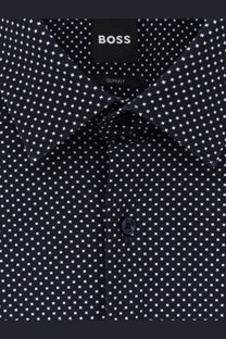 Black boss men’s slim fit dress shirt with subtle white crosshatch pattern in blue hank jersey fabric