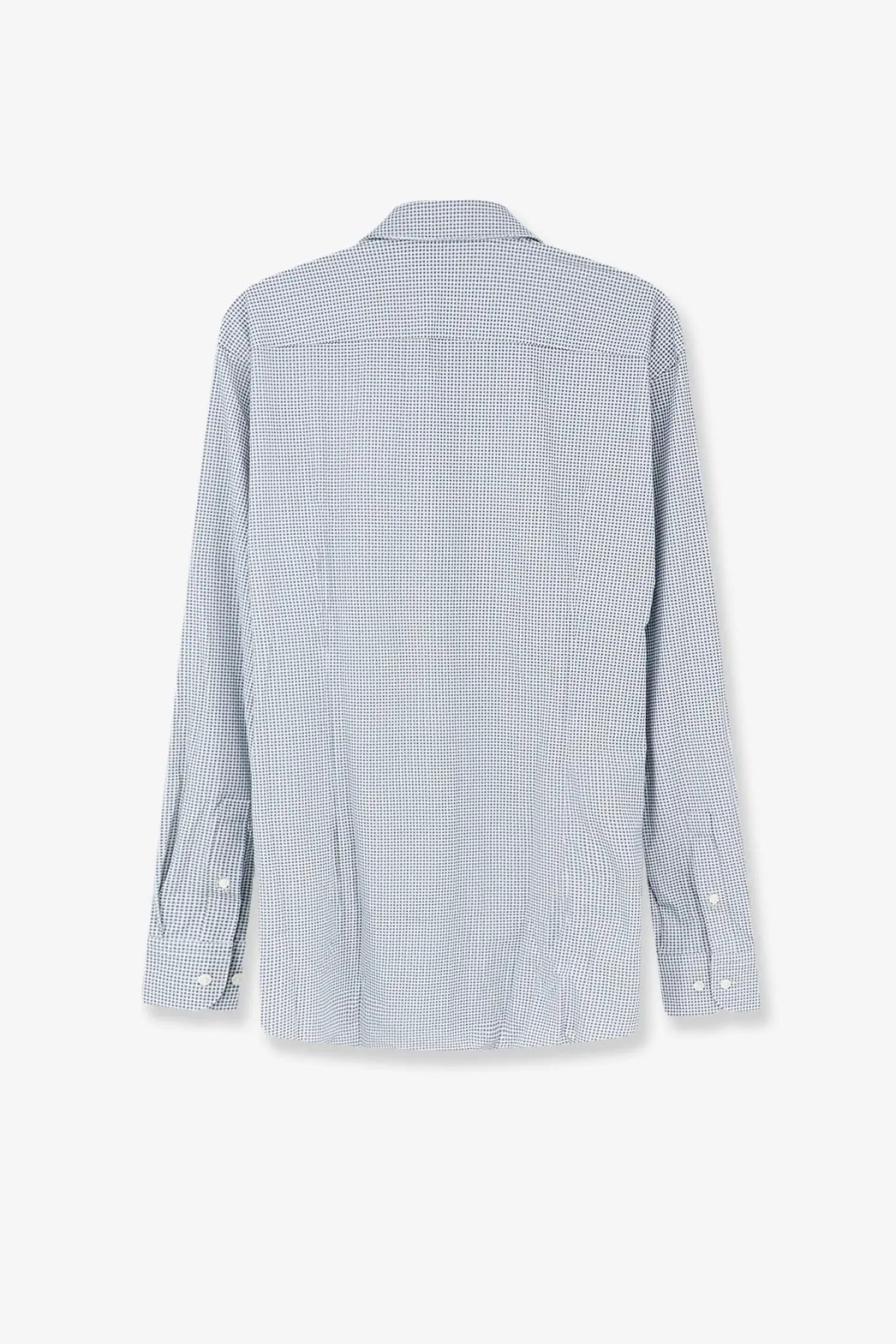 A crisp boss men’s hank jersey shirt in blue with long sleeves and a subtle blue and white micro-check pattern