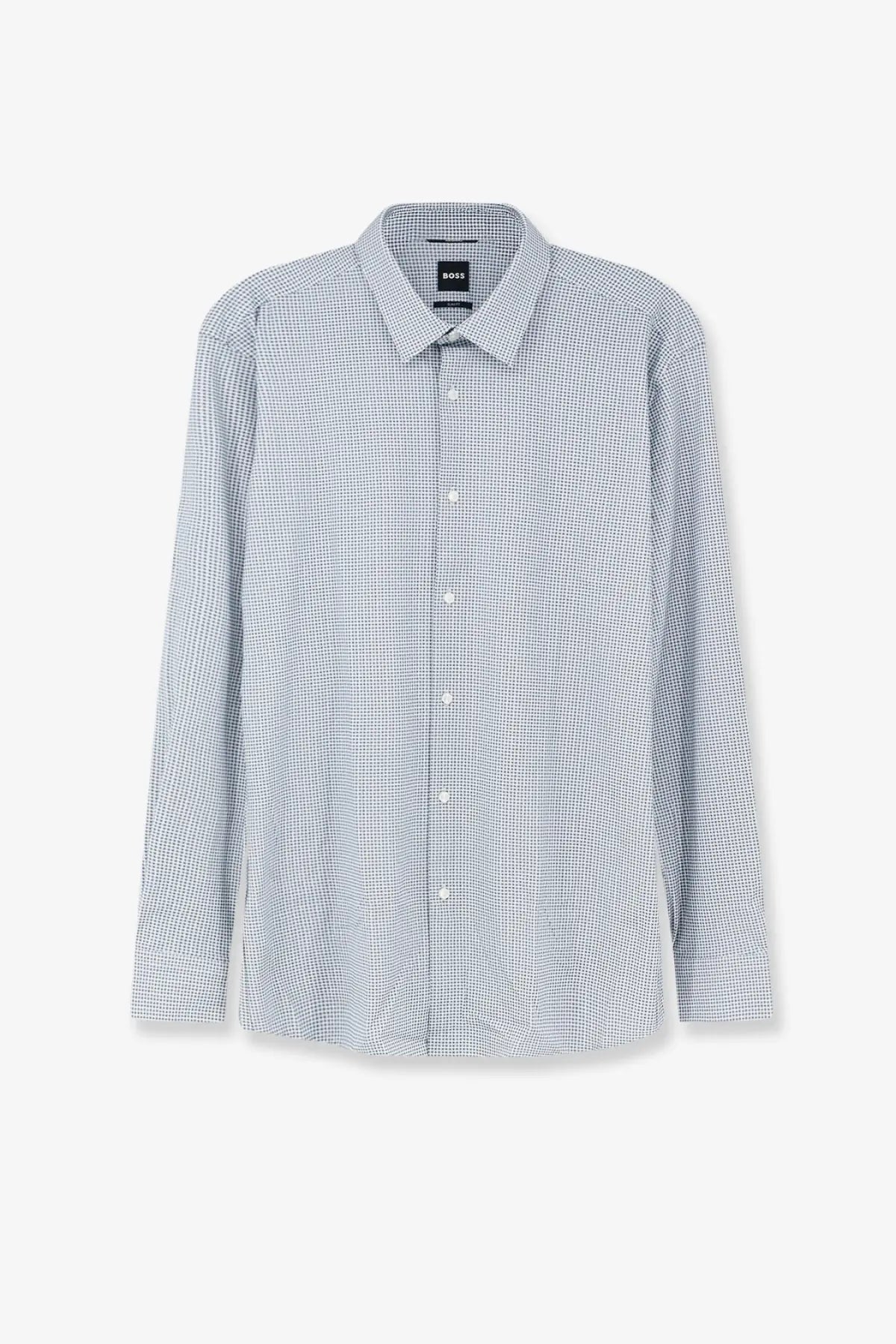 BOSS men’s hank jersey shirt in light blue and white micro-check pattern with classic collar and button-down front