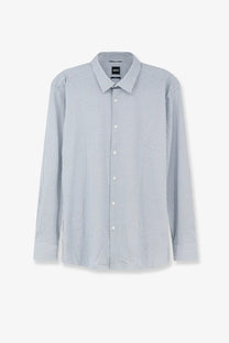 BOSS men’s hank jersey shirt in light blue and white micro-check pattern with classic collar and button-down front