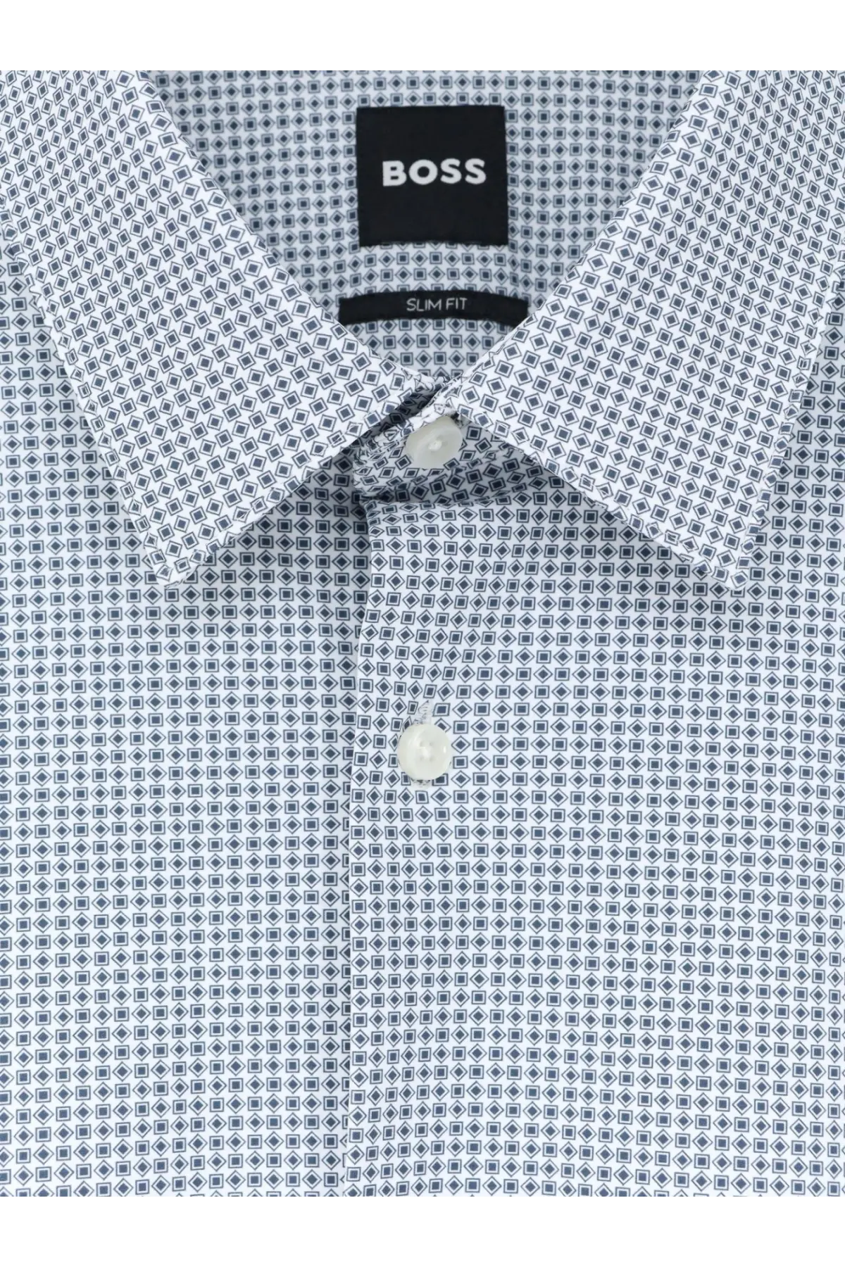 BOSS men’s slim fit dress shirt in white and navy blue with subtle geometric pattern and crisp fabric