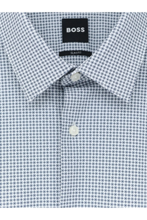 BOSS men’s slim fit dress shirt in white and navy blue with subtle geometric pattern and crisp fabric