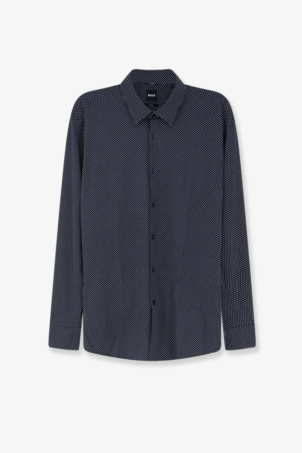BOSS men’s hank jersey shirt blue long-sleeved button-down in dark navy with subtle white polka dot pattern