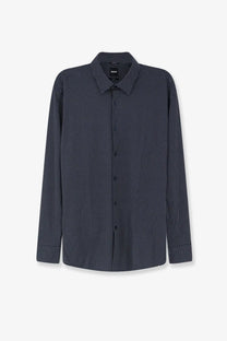BOSS men’s hank jersey shirt blue long-sleeved button-down in dark navy with subtle white polka dot pattern