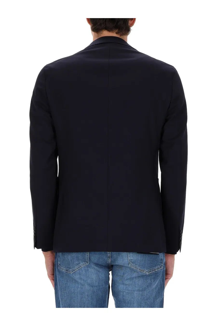 Black tailored blazer with sleek structured fit and subtle seam detailing from BOSS men’s hanry jacket blue collection