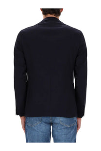 Black tailored blazer with sleek structured fit and subtle seam detailing from BOSS men’s hanry jacket blue collection