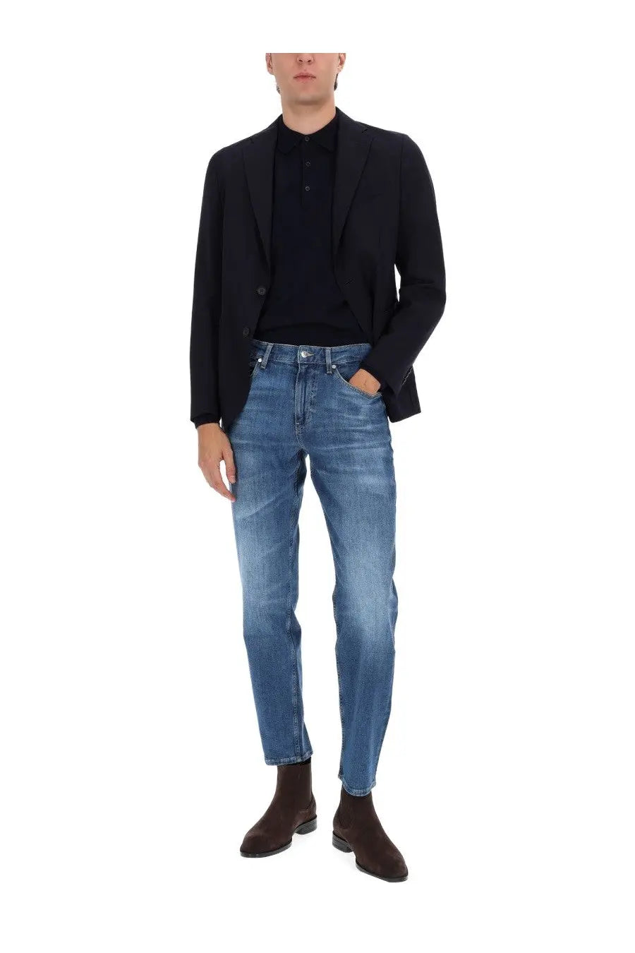 Boss men’s hanry jacket blue paired with mid-wash blue denim jeans featuring a straight-leg cut and five-pocket design
