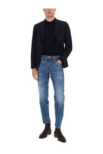 Boss men’s hanry jacket blue paired with mid-wash blue denim jeans featuring a straight-leg cut and five-pocket design