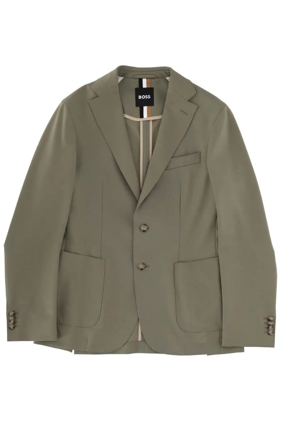 Olive green boss men’s hanry blazer with two front buttons and flap pockets for formal and business wear