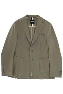 Olive green boss men’s hanry blazer with two front buttons and flap pockets for formal and business wear
