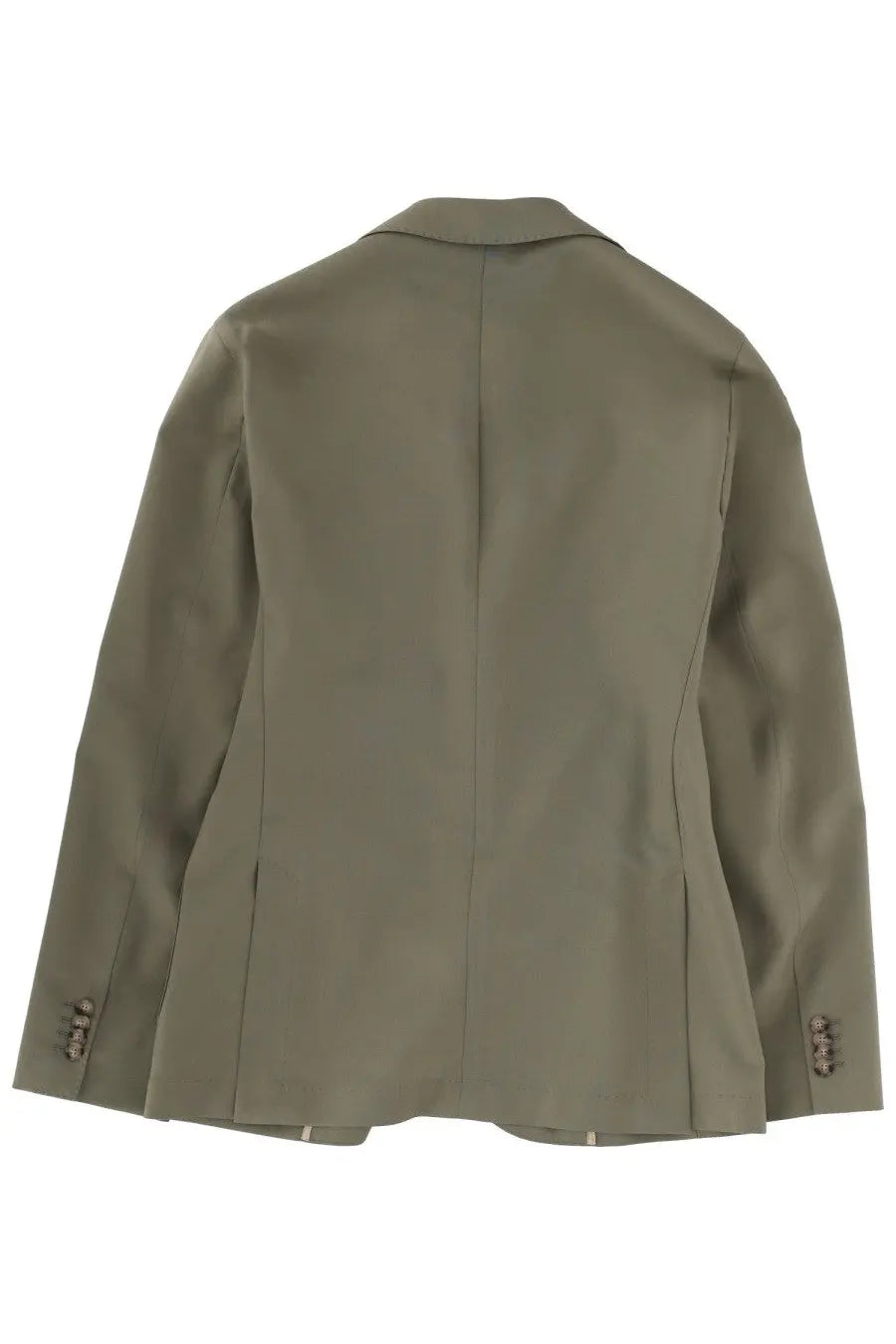 Olive green tailored boss men’s hanry jacket with structured back and buttoned cuffs shown from the back side