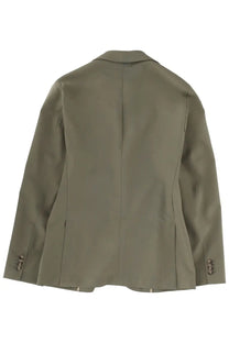 Olive green tailored boss men’s hanry jacket with structured back and buttoned cuffs shown from the back side