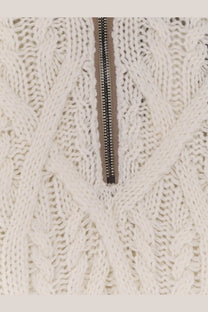 Boss men’s Harpreno cream cable knit sweater with central black zipper made from virgin wool and cashmere white