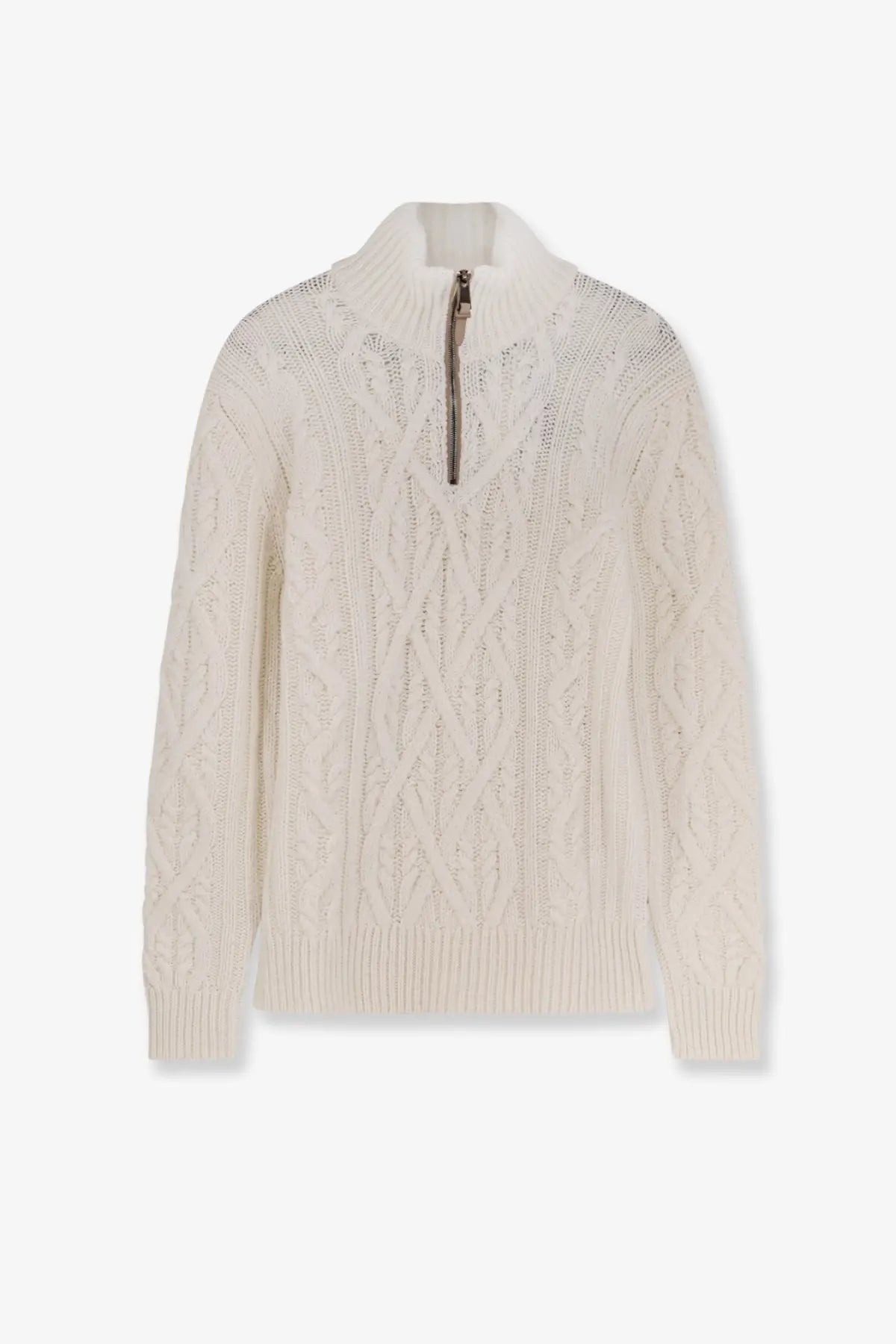 Boss men’s harpreno cream cable knit sweater with half-zip front ribbed cuffs virgin wool and cashmere white