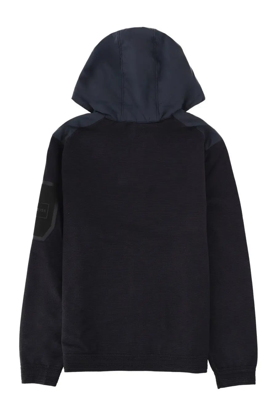 Boss men’s hooded jacket blue in black with dark gray shoulder panels and a small rectangular patch on left sleeve
