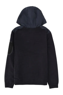 Boss men’s hooded jacket blue in black with dark gray shoulder panels and a small rectangular patch on left sleeve