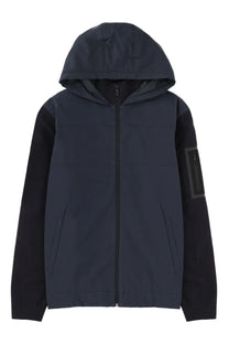 BOSS men’s hooded jacket in dark navy with contrasting black sleeves and a patch on the left arm