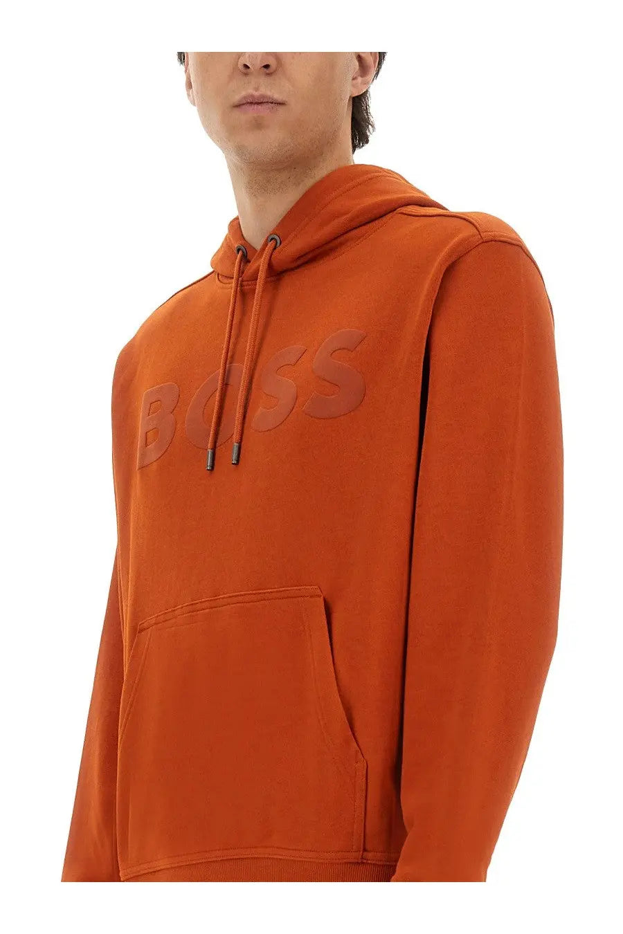 BOSS men’s orange hoodie featuring a matching drawstring hood and a front pocket for casual wear