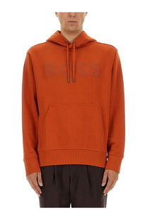 BOSS men’s orange hoodie with subtle tonal logo, ribbed cuffs and hem, made from soft comfortable fabric