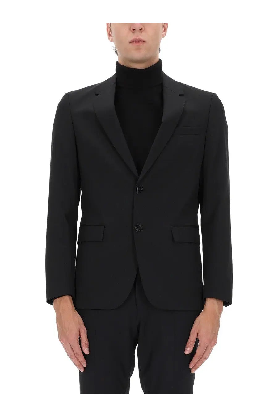 Black tailored BOSS men’s Houston blazer with notched lapels and two front buttons for formal wear