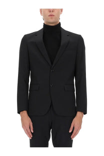 Black tailored BOSS men’s Houston blazer with notched lapels and two front buttons for formal wear