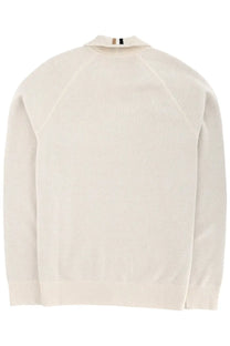BOSS men’s idino cardigan white cream-colored knit sweater with collar and ribbed cuffs