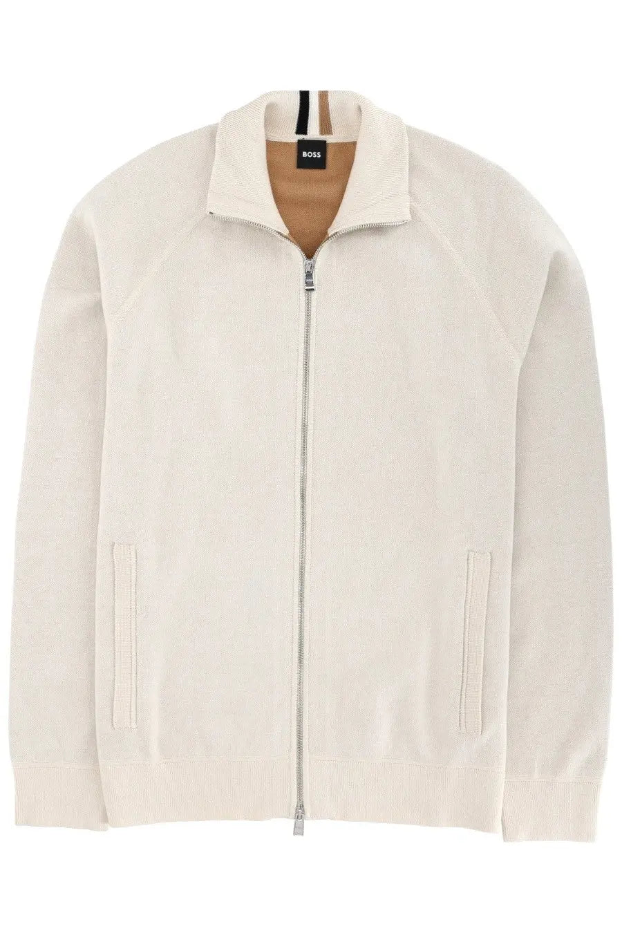 BOSS men’s idino cardigan white cream knit zip-up jacket with ribbed collar cuffs silver zipper and side pockets