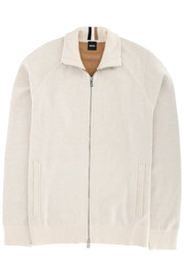 BOSS men’s idino cardigan white cream knit zip-up jacket with ribbed collar cuffs silver zipper and side pockets