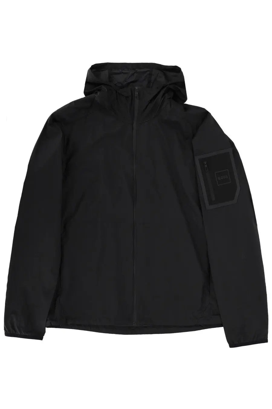 Boss men’s black hooded jacket airnix with full-length zipper and subtle logo patch on the left sleeve