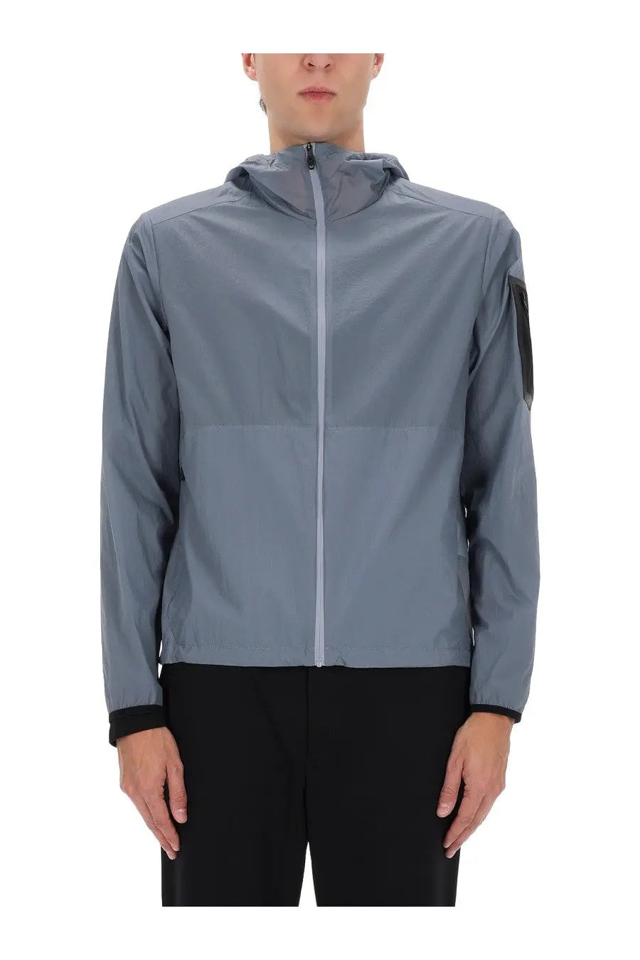 BOSS men’s airnix grey hooded jacket with sleek minimalist design and subtle black sleeve patch and cuff accents