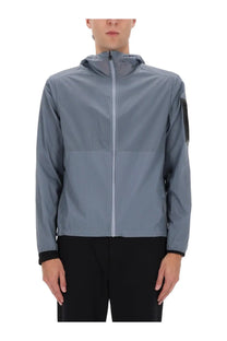 BOSS men’s airnix grey hooded jacket with sleek minimalist design and subtle black sleeve patch and cuff accents