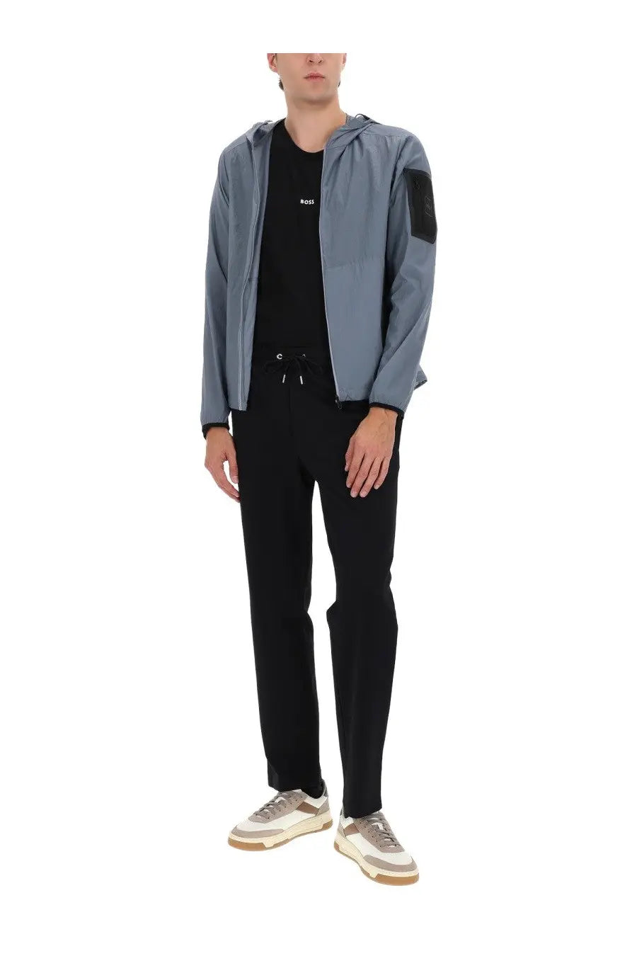 Boss men’s light blue hooded jacket airnix grey with black sleeve patch and subtle branding for casual wear