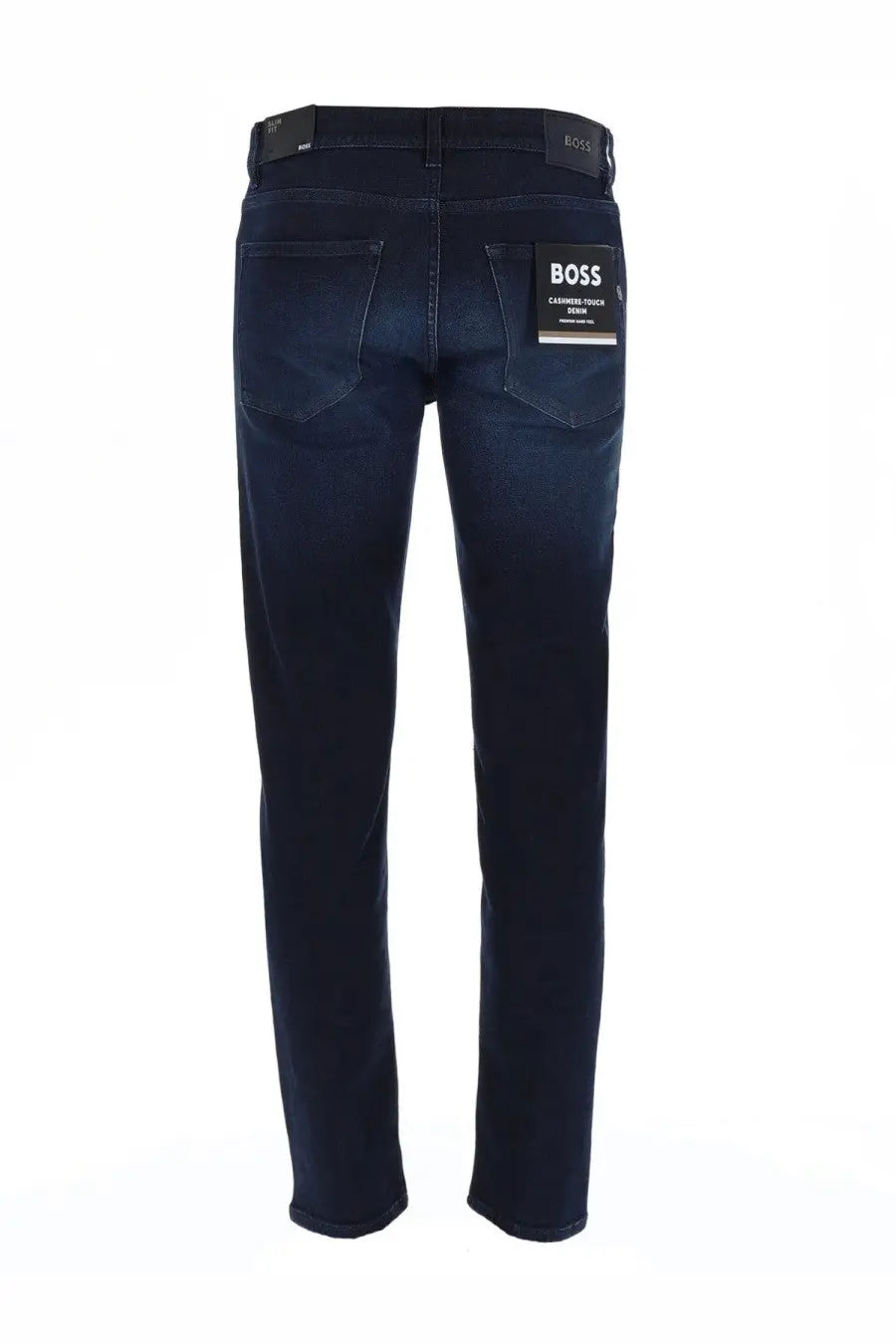 Back view of boss men’s jeans delaware blue slim-fit dark blue denim with black belt and boss label on back pocket