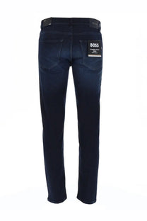 Back view of boss men’s jeans delaware blue slim-fit dark blue denim with black belt and boss label on back pocket