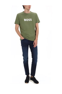 Olive green short sleeved t shirt with bold white boss logo paired with boss men’s jeans delaware blue
