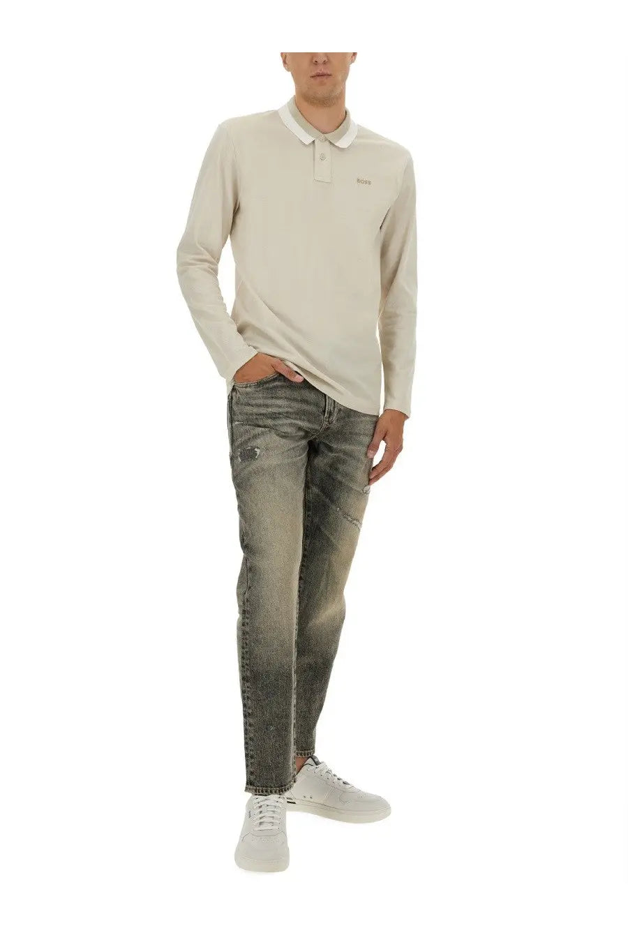 Beige long-sleeved polo shirt with white collar and subtle brand logo paired with boss men’s denim grey jeans
