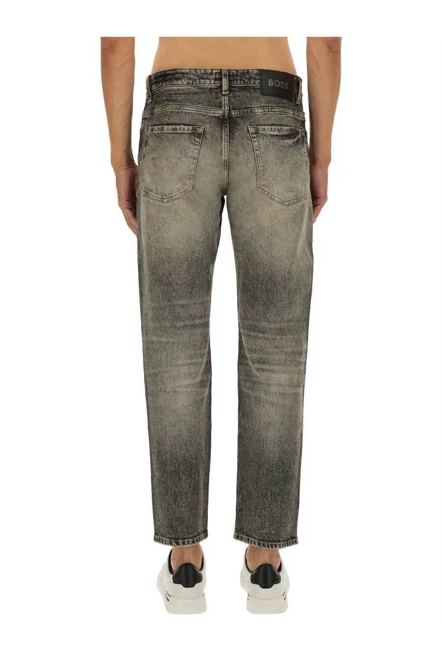BOSS men’s denim grey jeans in dark gray slightly faded denim with straight-leg cut and black boss label on waistband