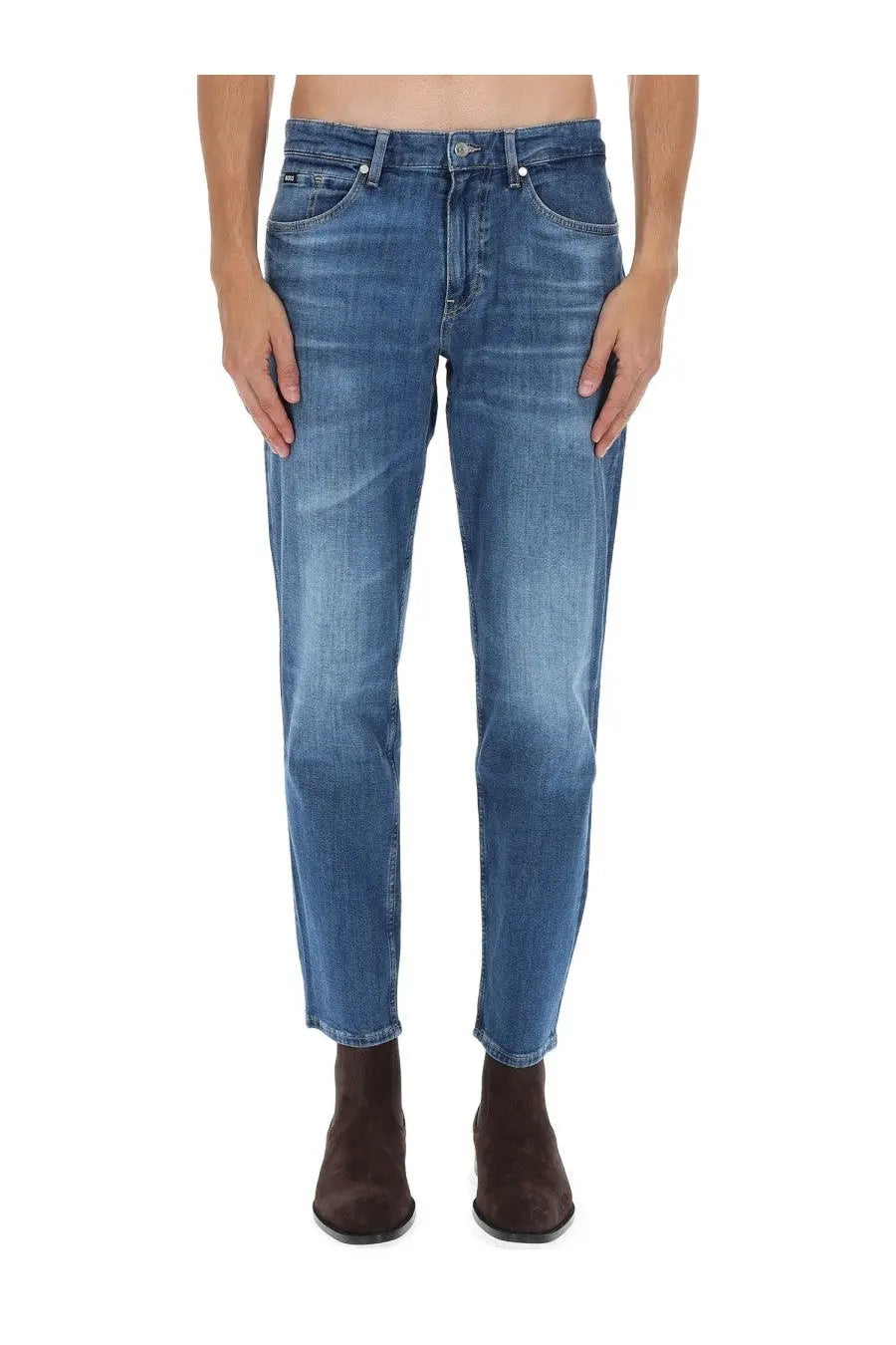 Boss men’s jeans maine blue straight-leg blue denim jeans with faded wash