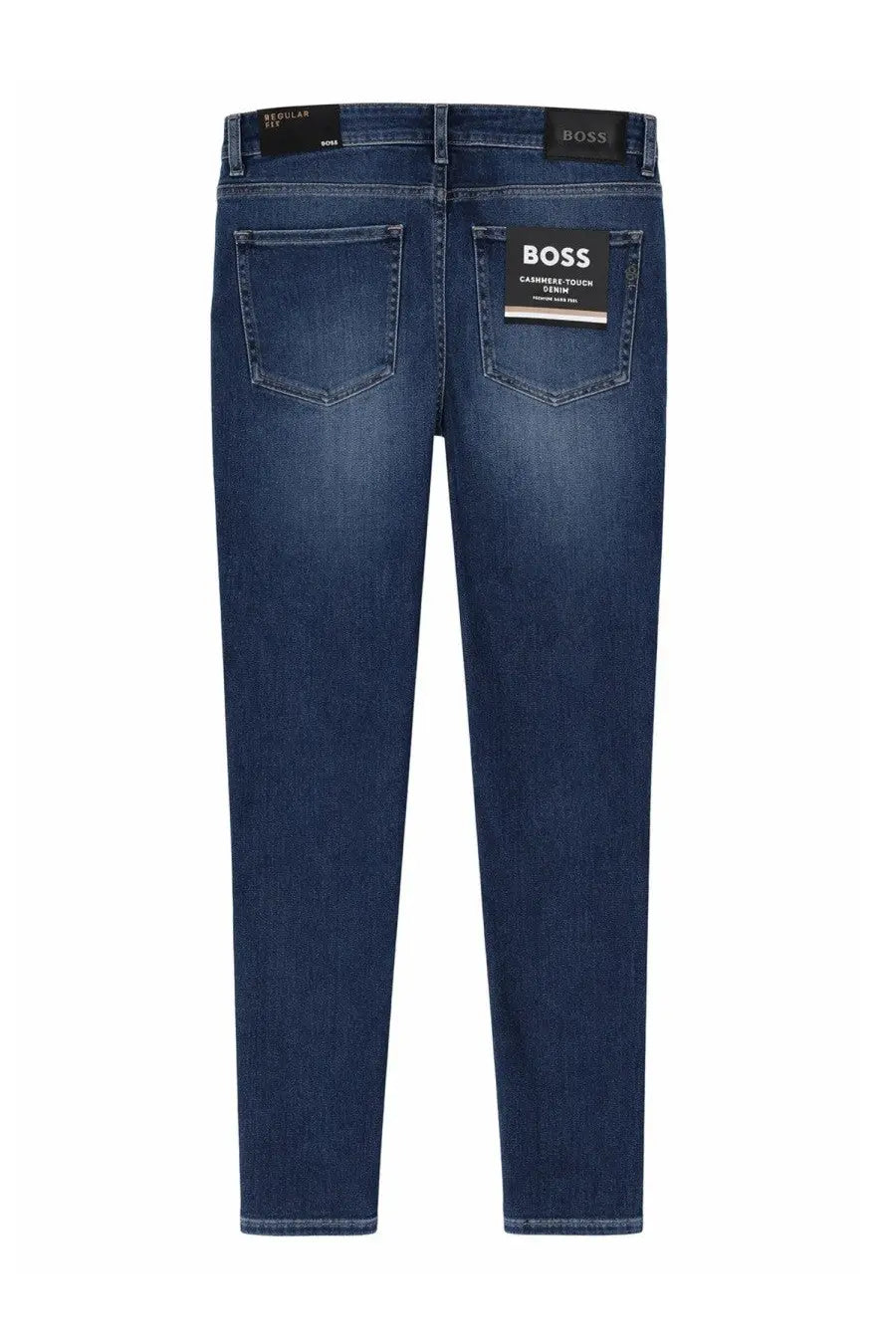 Back view of boss men’s regular fit slim dark blue denim jeans with brand label on waistband and rear pocket