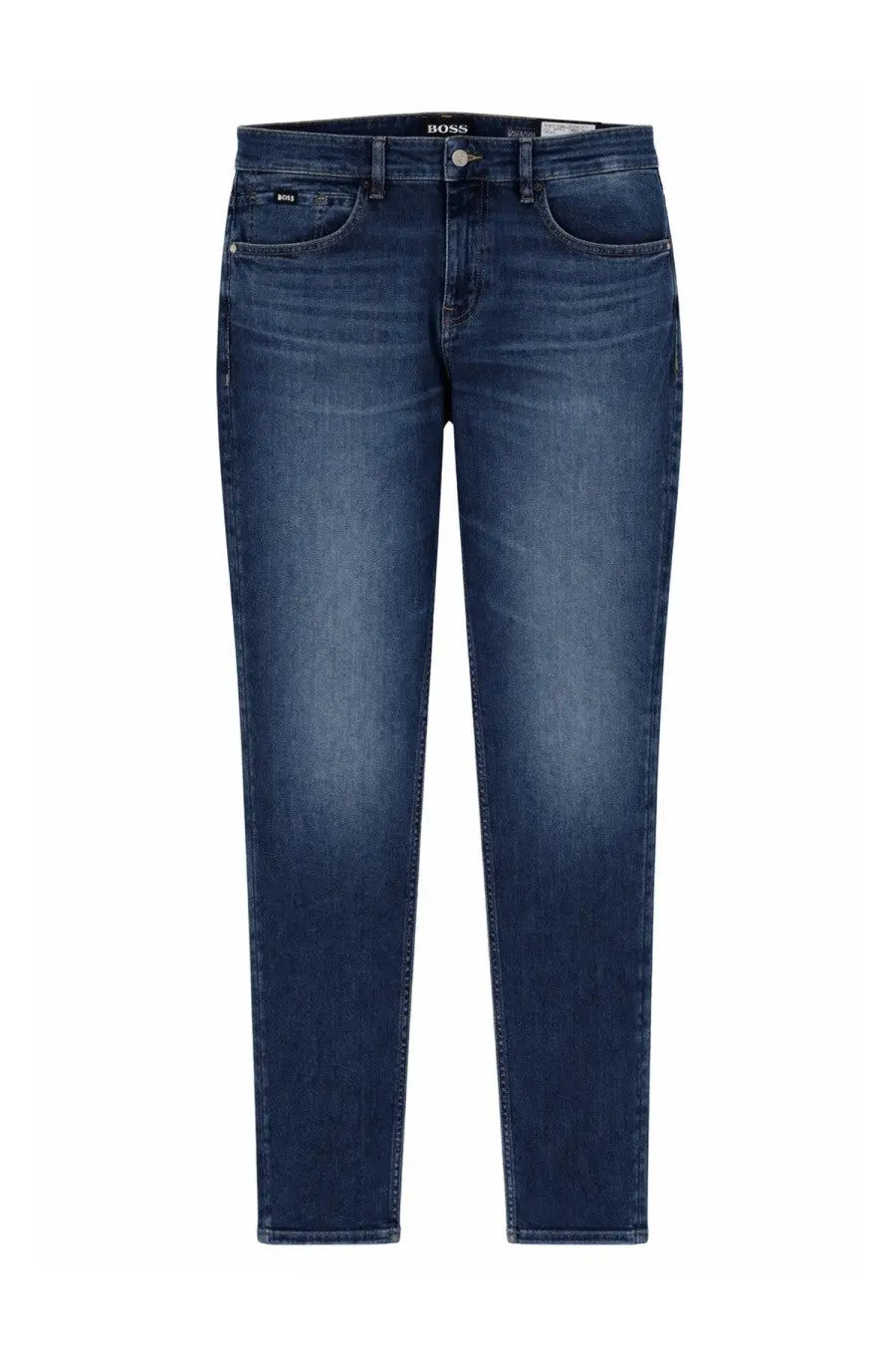 Boss men’s regular fit blue denim jeans with slim fit dark blue color subtle fading and boss logo on waistband