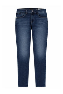 Boss men’s regular fit blue denim jeans with slim fit dark blue color subtle fading and boss logo on waistband