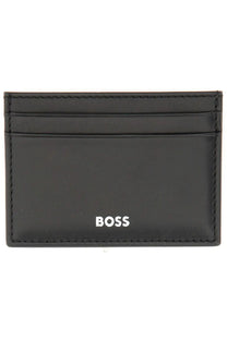 Black leather BOSS men’s card holder with white logo and stitched edges for stylish organization