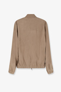 BOSS men’s beige lightweight leather bomber jacket with elastic cuffs and waistband