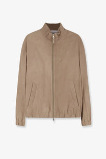 BOSS men’s beige leather zip-up jacket with stand collar, two slanted pockets, and elastic cuffs